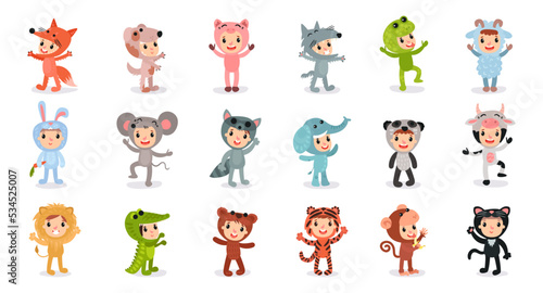 Cute Kid Characters Wearing Animal Costumes and Outfit Vector Big Set