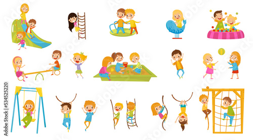 Little Boy and Girl Playing in Sandpit, Climbing Ladder, Swinging on Rope and Sliding Down on Playground Vector Set © Happypictures