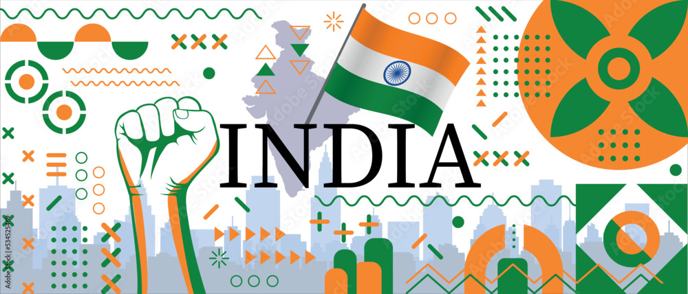 Obraz premium India flag and map poster. National day or india independence day design. Indian celebration. Modern retro design with abstract icons - Independence from India