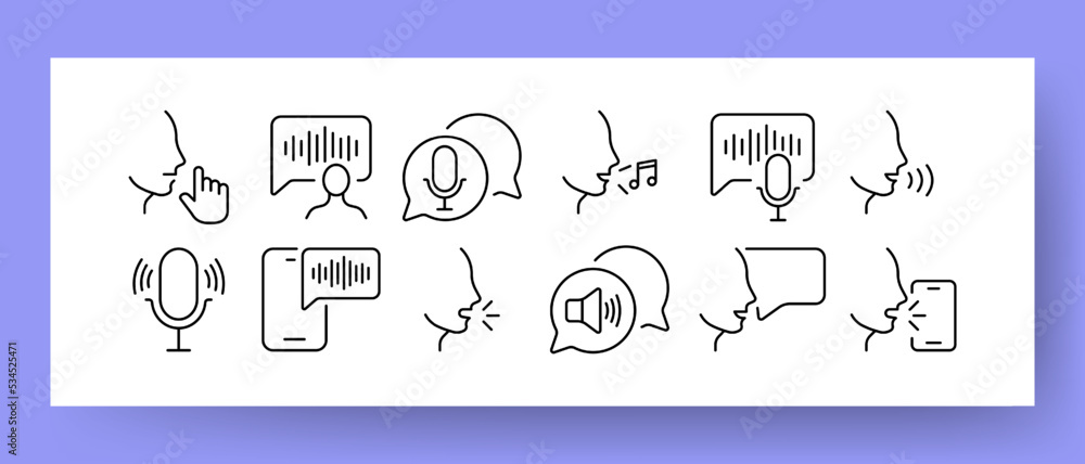 Voice Set icon. Voice message, voice input, song, speech bubble, conversation, sound track, music, dialogue, monologue recording. Talk concept. Vector line icon for Business and Advertising Voice Set icon. Voice message, voice input, song, speech bubble, conversation, sound track, music, dialogue, monologue recording. Talk concept. Vector line icon for Business and Advertising