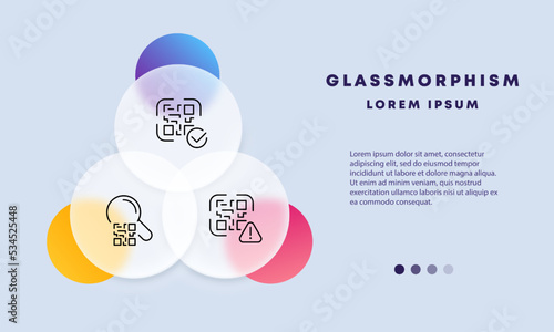QR codes set icon. Sticker, product labeling, encrypted information, tick, scan, magnifier, scan, received, shopping. Technology concept. Glassmorphism style. Vector line icon for Business