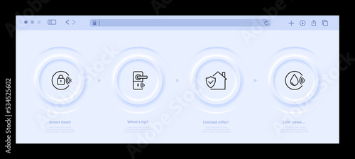 Smart House set icon. Lock, password, security system, safe, vault, building, humidification, climate control, wifi. Artificial intelligence concept. Neomorphism website interface. Vector line icon