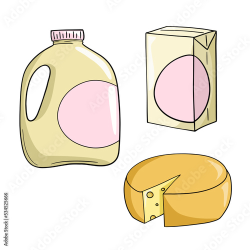 A set of colored icons, Dairy products, cheese and milk packages, vector cartoon