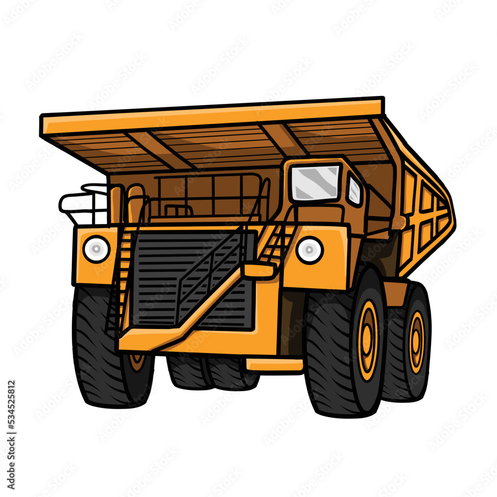 Obraz premium Big Yellow Dump Truck mining industry. Quarry service mining site. Vector Illustration element, Icon, logo, symbol isolated on white background.