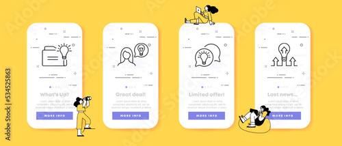 Lightbulb set icon. Laptop, computer, idea, inspiration, lamp, creativity, thought, brain, person, speech bubble, lighting, target, sight, candle, wax. UI phone app screen. Vector icon for Business