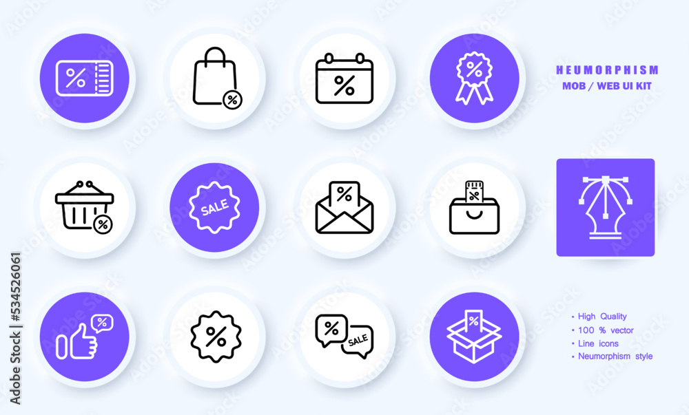 Digital marketing line icon set. Online shopping or discount coupon, sale, order, store. Purchase concept. Neomorphism style. Vector line icon for Business and Advertising Digital marketing line icon set. Online shopping or discount coupon, sale, order, store. Purchase concept. Neomorphism style. Vector line icon for Business and Advertising
