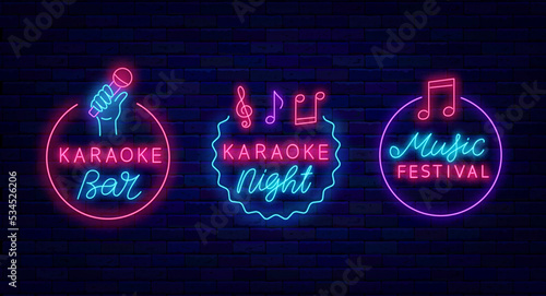 Karaoke neon labels collection. Circle frame with note icon. Talent performance. Vector stock illustration