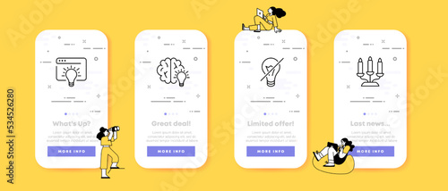 Illuminator set icon. Website, lamp, light, glow, lighting, idea, inspiration, brain work, plan, solution, electricity. Shine concept. UI phone app screen. Vector icon for Business