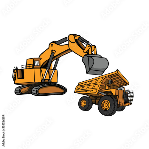 Excavator and Giant Dumper truck Vector Illustration. Excavator loading soil on dump truck professional equipment working on coal mine production opencast stone quarry