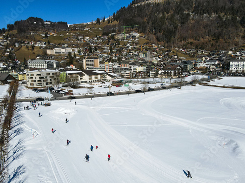 Drone view at the village of Engelberg in the Swiss alps