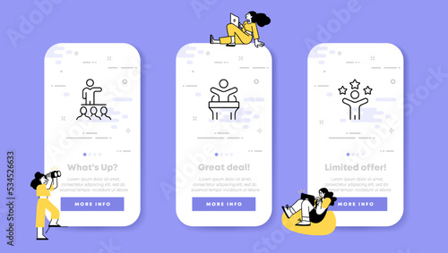 Society set icon. Tribune, pulpit, performance, speech, 5 stars, feedback, idea, light bulb, inspiration, friendship. Management concept. UI phone app screen with people. Vector icon for Business