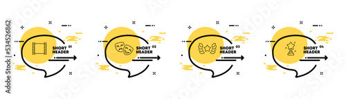 Performance set icon. Film strip, carnival mask, theater, opera, cinema, star, rating, first place, theater group, achievement, victory. Infographic timeline with icons and 3 steps. Vector line icon