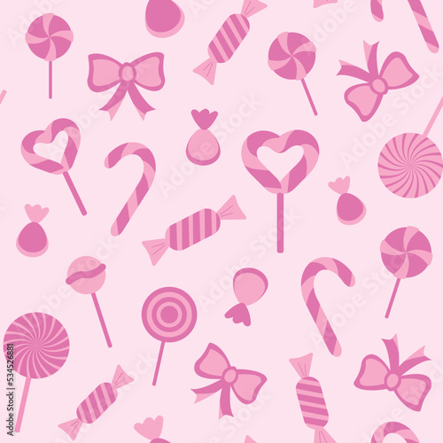 Bright pink seamless pattern with sweets, candies, lollipops and ribbons. Pink vector illustration for birthday party