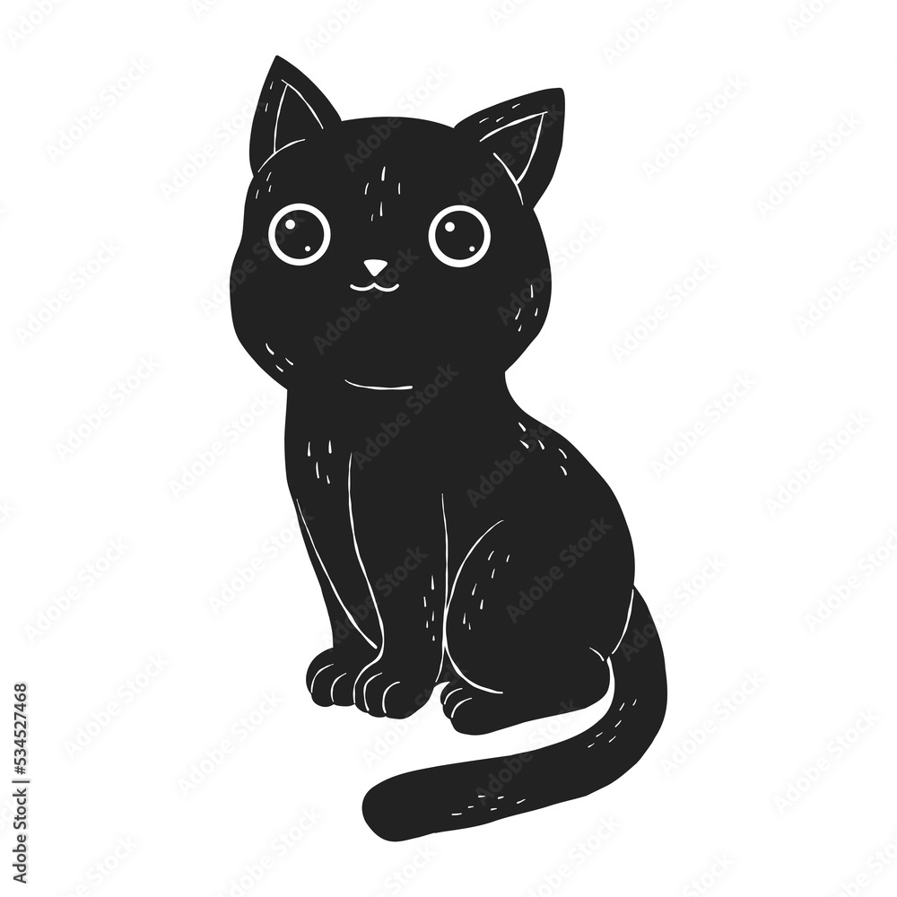 Cute cartoon black cat. Hand drawn pet. Doodle Halloween. Ink style vector illustration.