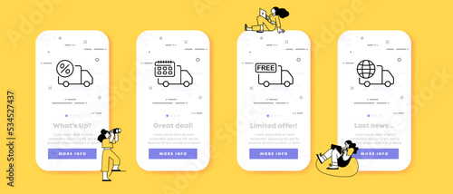 Delivery set icon. Free text, globe, speaker, fast, free, mail, gear, box, percent, calendar, order. Minivan that delivers the order. Shopping concept. UI phone app screen. Vector icon for Business