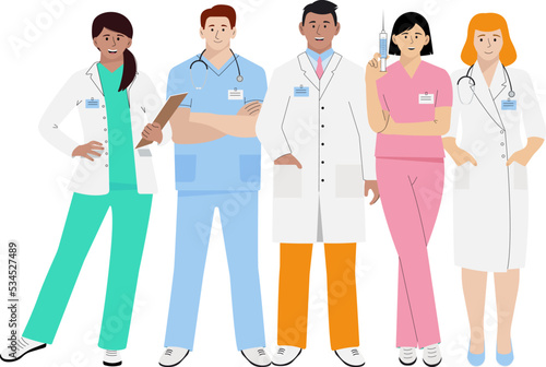 Doctor and nurse. The profession of medical workers. A group of male and female health workers