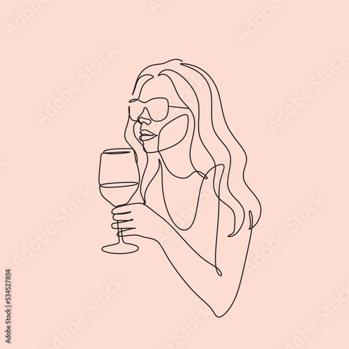 The girl drinks wine or champagne from a glass. Linear silhouette of a woman with a glass. Drawing with one continuous line. Linear glamor logo in a minimalistic style for a wine label.