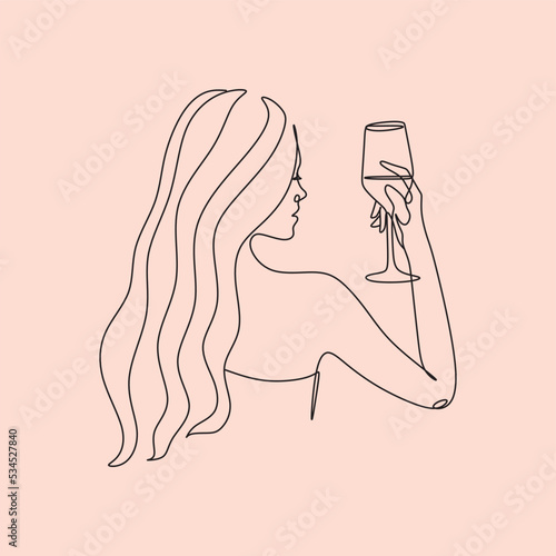 The girl drinks wine or champagne from a glass. Linear silhouette of a woman with a glass. Drawing with one continuous line. Linear glamor logo in a minimalistic style for a wine label.