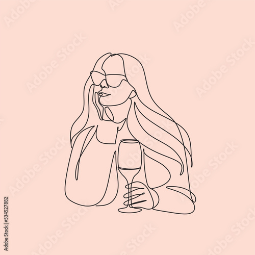 The girl drinks wine or champagne from a glass. Linear silhouette of a woman with a glass. Drawing with one continuous line. Linear glamor logo in a minimalistic style for a wine label.