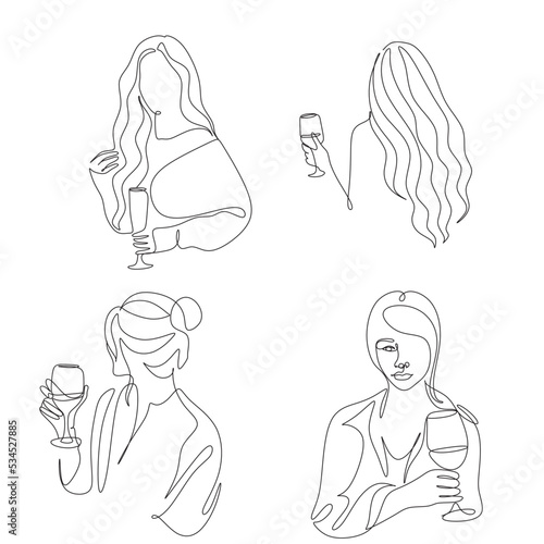 Woman with wine glass line draw. Drawing with one continuous line. Linear glamor logo in a minimalistic style for a wine label.