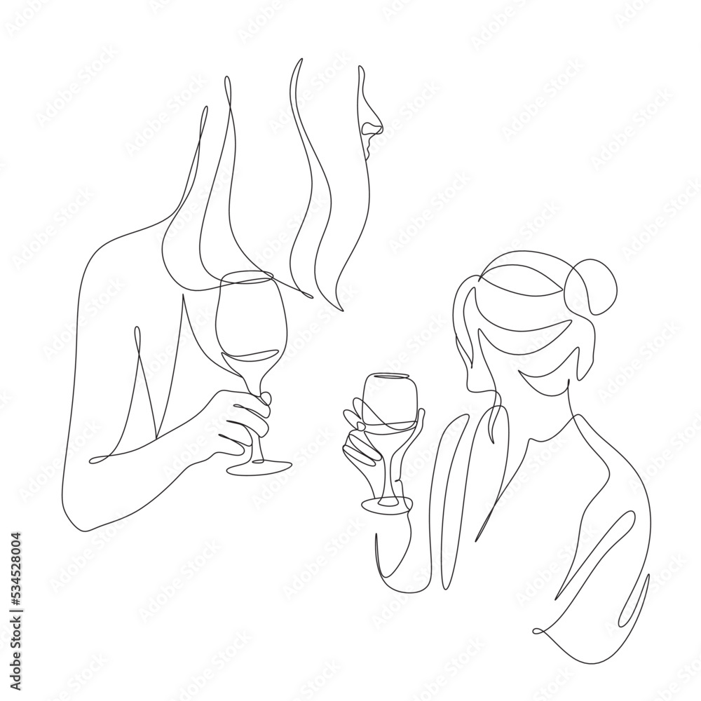 Woman with wine glass line draw. Drawing with one continuous line. Linear glamor logo in a minimalistic style for a wine label.