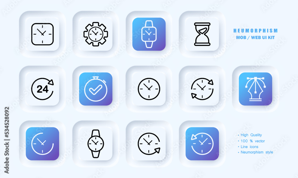 Wall Clock set icon. Wristwatch, time, hour, minute, second, day, clock hand, alarm, time management, stopwatch. Punctuality concept. Neomorphism style. Vector line icon for Business