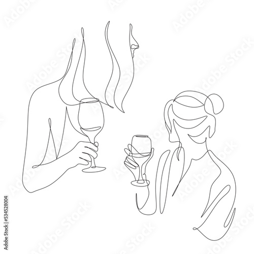 Woman with wine glass line draw. Drawing with one continuous line. Linear glamor logo in a minimalistic style for a wine label.