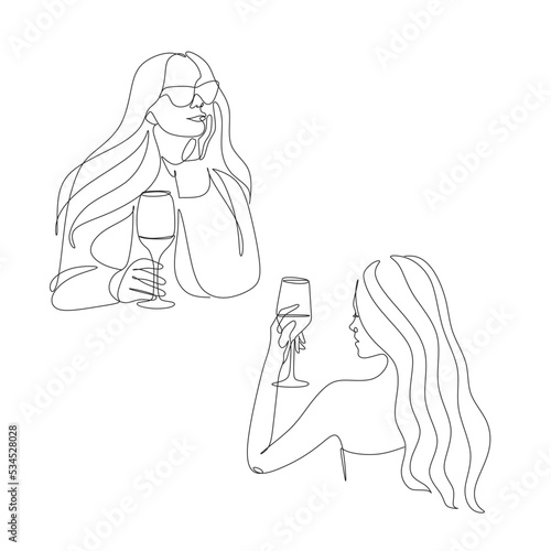Woman with wine glass line draw. Drawing with one continuous line. Linear glamor logo in a minimalistic style for a wine label.