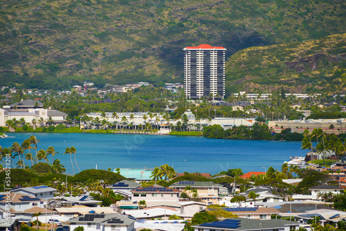 Hawaii Kai suburb of Honolulu on O'ahu island - Appartment tower next to a lagoon in the Pacific Ocean