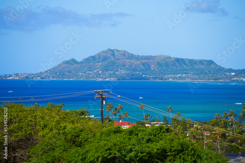 Diamond Head crater as seen from the distant Koko crater in the east of Honolulu on O'ahu island in Hawaii
