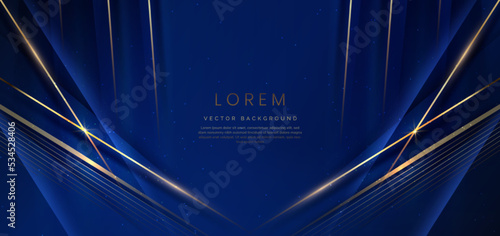 Abstract elegant dark blue background with golden line and lighting effect sparkle. Luxury template design.