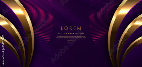 Abstract 3d luxury golden curve lines elegant and lighting effect on dark purple background.
