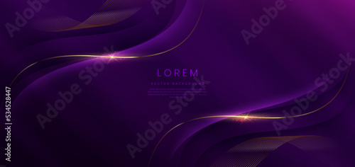 Luxury curve golden lines on dark purple  background with lighting effect copy space for text. Luxury design style.