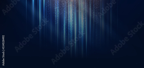 Abstract technology futuristic light blue stripe vertical lines light on blue background with gold lighting effect sparkle.