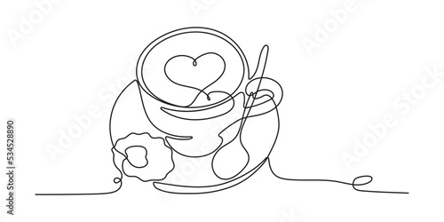 Single Continuous Line drawing of a cup of Coffee drink with spoon and biscuits. Coffee drink concept display for Coffee shop. One Line draw design illustration. Vector.