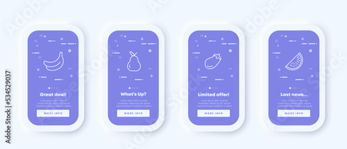 Greengrocery set icon. Banana, pear, eggplant, zucchini, watermelon, fruits, healthy food, vitamins, vegetable garden, greens, eat. Garden stuff concept. UI phone app screen. Vector icon for Business