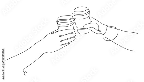 One Continuous Line drawing of Hands with glasses of Coffee. Hands Clink Coffee Glasses. Vector illustration, Line art.