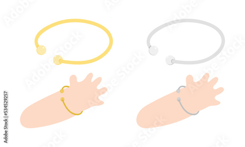 Vector set of golden and silver baby bracelet clipart. Simple adjustable baby bangles or jewelry on wrist flat vector illustration. Baby bangle bracelet cartoon style. Kids, newborn and nursery decor