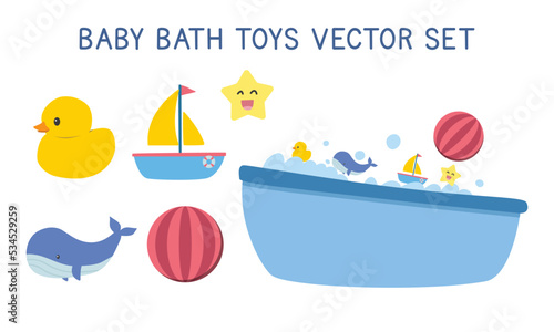 Vector set of baby bathtub and bath toys clipart. Simple cute blue baby bathtub with foam bubbles, yellow rubber duck for baby, little kids, children toy boat flat vector illustration cartoon style