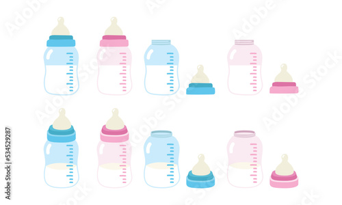 Vector set of blue and pink baby bottle and nipple clipart. Baby bottles for boys and girls flat vector illustration. Feeding bottle and nipples cartoon style. Kids, newborn and nursery decoration