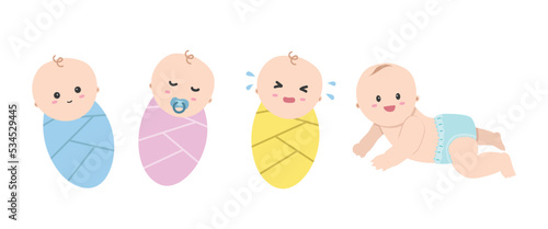 Vector set of cute babies clipart. Simple cute baby with different emotions swaddled in blue, pink, yellow blanket wrap, and blue diaper. Smiling, crying, sleeping, crawling baby cartoon style. © Vinh