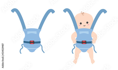 Blue baby sling clipart. Simple cute little baby in sling flat vector illustration. Babywearing, baby in wrap carrier cartoon style. Kids, baby shower, newborn and nursery decoration concept