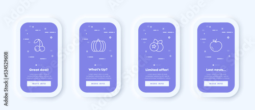 Greengrocery set icon. Cherry, watermelon, blueberry, apple, peach, fruits, healthy food, vitamins, vegetable garden, greens, eat. Garden stuff concept. UI phone app screen. Vector icon for Business