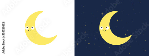 Crescent Moon with kawaii face clipart. Simple cute yellow smiling crescent moon flat vector illustration. Cartoon character happy crescent moon drawing style vector design. Baby shower, nursery decor