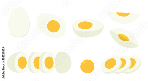 Vector set of sliced hard boiled egg clipart. Simple whole, half, a quarter, cut sliced boiled egg flat vector illustration isolated. White boiled chicken egg with yellow yolk cartoon hand drawn style
