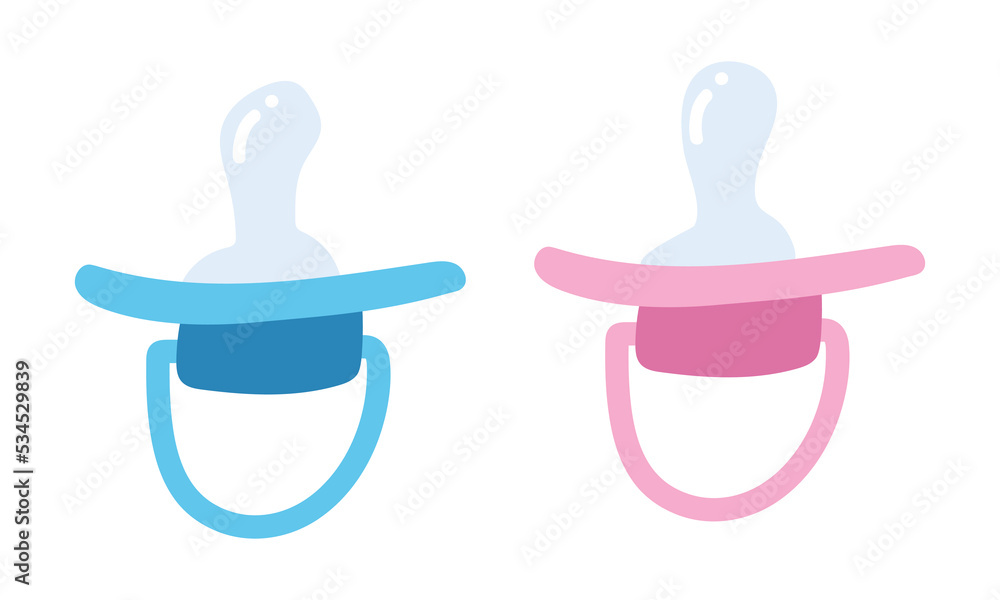 Set of blue and pink baby pacifier clipart. Simple cute orthodontic pacifier baby dummy care nipple for newborn child flat vector illustration. Baby shower pacifiers for boy and girl cartoon style Set of blue and pink baby pacifier clipart. Simple cute orthodontic pacifier baby dummy care nipple for newborn child flat vector illustration. Baby shower pacifiers for boy and girl cartoon style