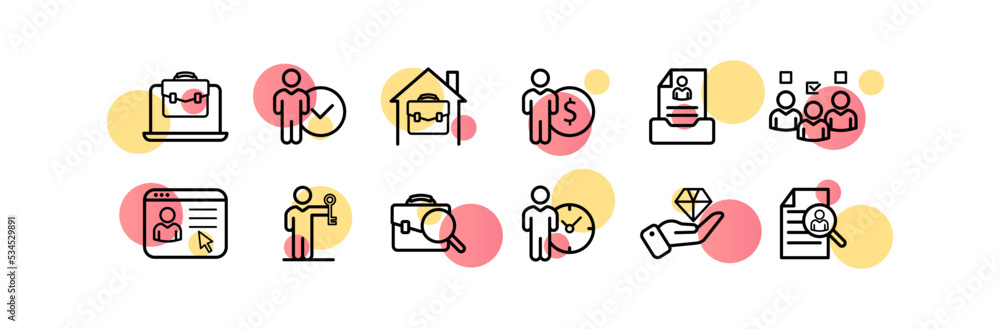 Fototapeta premium Job search set icon. Resume, portfolio, income, voting, candidate, job, profession, pay, income, file, backpack, key. Business concept. Vector line icon for Business and Advertising