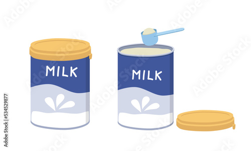 Set of opened and closed baby milk powder clipart. Simple powder milk in aluminium can full blue plastic measuring spoon or scoop flat vector illustration. Powdered milk formula canned drawing photo