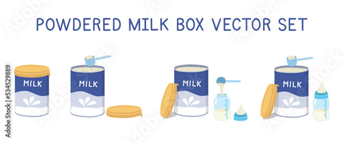 Set of baby milk powder clipart. Simple powder milk in aluminium can with baby bottle and full blue plastic measuring spoon or scoop flat vector illustration. Powdered milk formula canned drawing