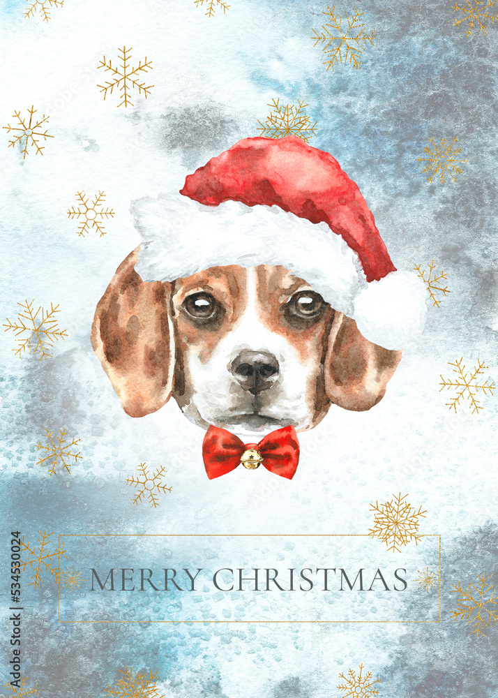 Watercolor Christmas dog breed beagle illustration, cute dog head hipster portrait, dog in santa,elf hat, card design new Year,Noel print, poster, flyer, frame art greeting card